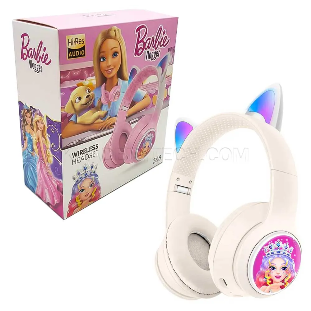 19cf38510f809004d3b3911e646cdf1c4e6936d4a3813620bf54e9c9733b3fdd.webp هدست بی سیم عروسکی طرح باربی مدل Barbie Vlogger Z66 کرمی
