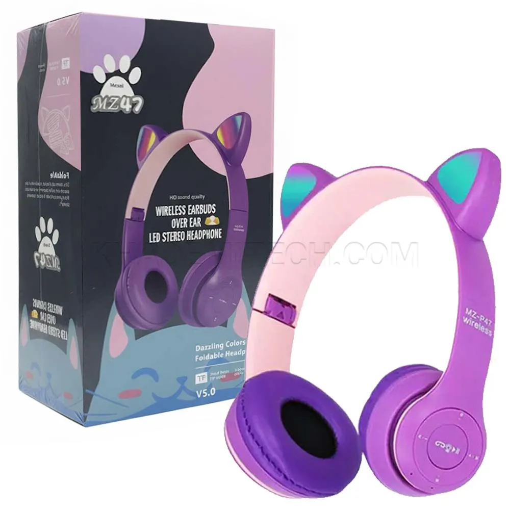 1ca20d99303f83be38cfd9aca48cb0590bc33eb0244c55d90df9d6d28d450bc6.webp هدست بلوتوثی رم خور مدل MZ47 گربه ای بنفش