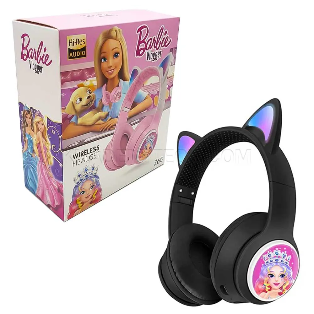 3f07e057515ffccd01af341a86db18bfc5a32ef7853201f303d6883e4b3c8259.webp هدست بی سیم عروسکی طرح باربی مدل Barbie Vlogger Z66 مشکی
