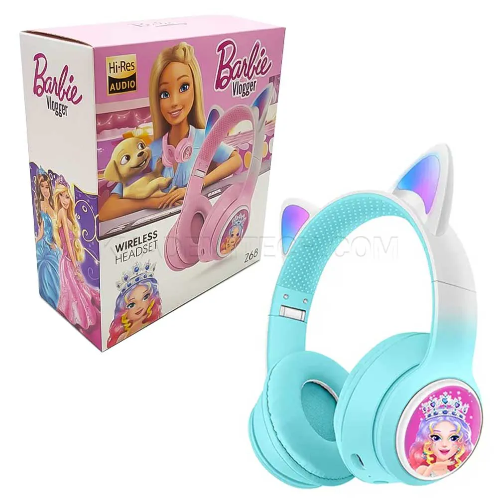 444b3488a6b7c6ed575a60ce5357fa404d7639d0b4f99930aff11ee0b4215b4f.webp هدست بی سیم عروسکی طرح باربی مدل Barbie Vlogger Z66 آبی