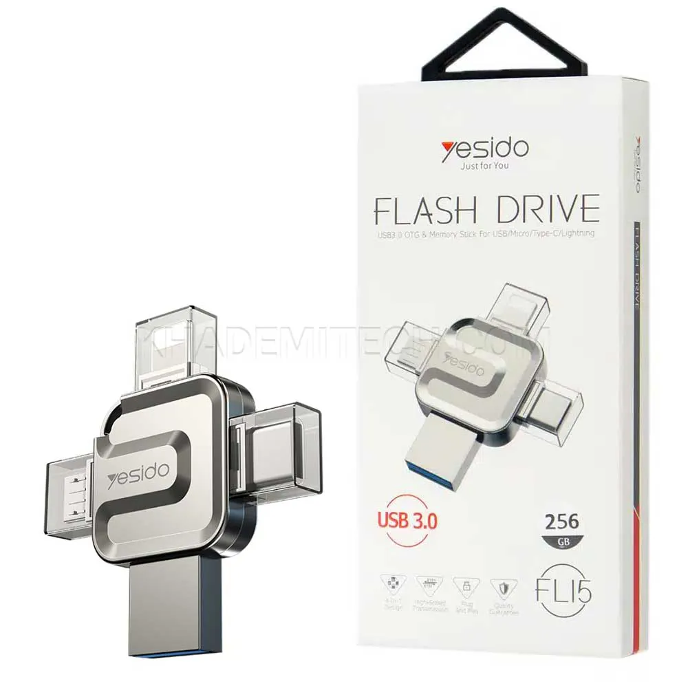 84241a3f46f07aa8bae11ff820592038abbf0ce7b58f515229ef1915c543e4ca.webp مبدل OTG و فلش مموری 4 سر یسیدو مدل YESIDO FL15 256G