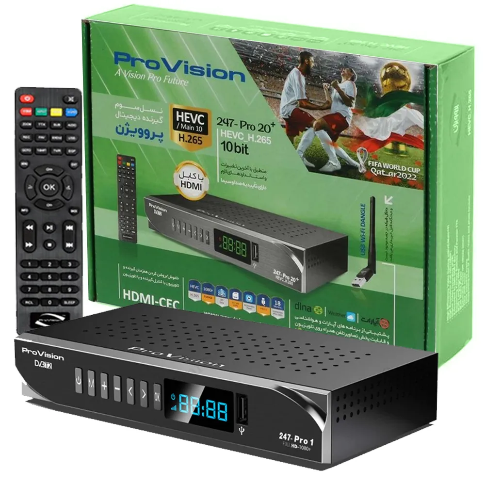 847abd16563aa2c8f04c81fd170203b8850bf2caf70f545ff43967bb736ba129.webp گیرنده دیجیتال با باطری پروویژن مدل Provision HEVC-H New 247 Pro20 plus