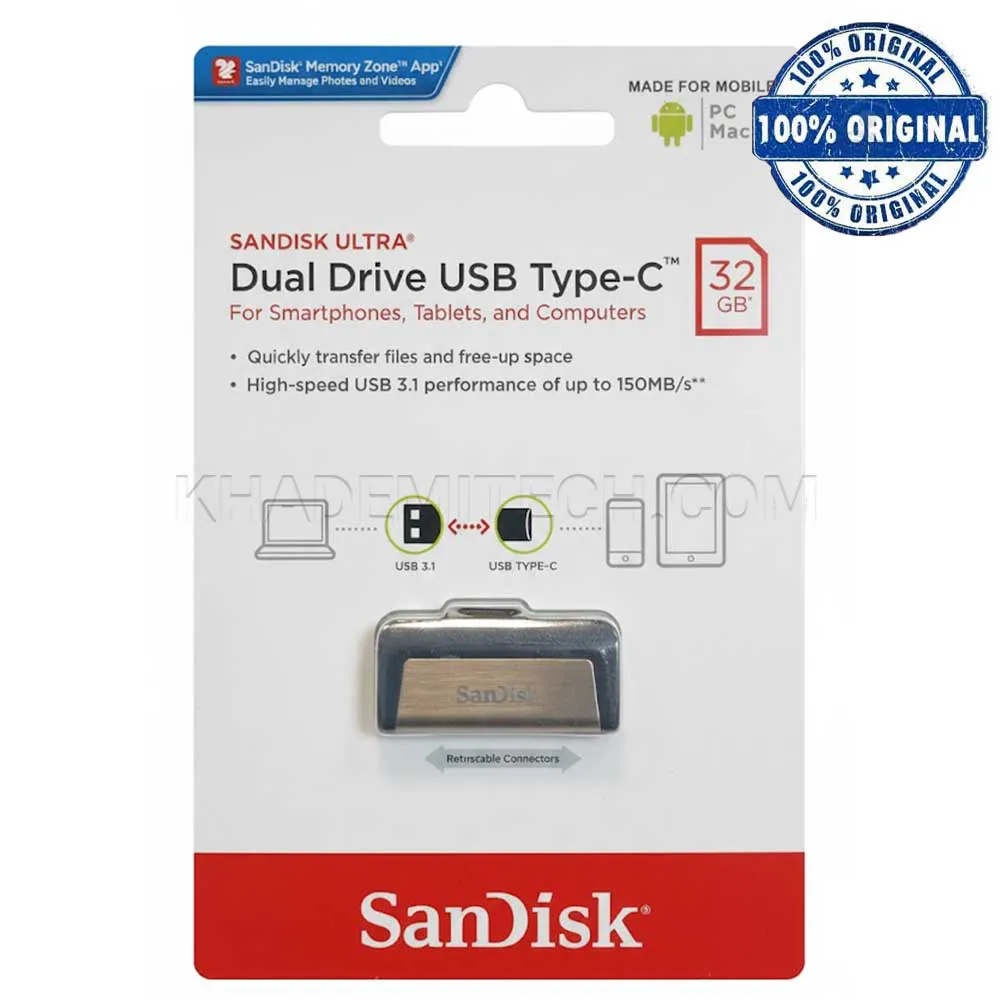 c41a49f65e1fdeecf997258e966ebe4ec64e8497340717f2dfc57593831fd766.webp فلش سندیسک مدل SanDisk DUAL TYPE-C USB3.1 32GB گارانتی آسان سرویس
