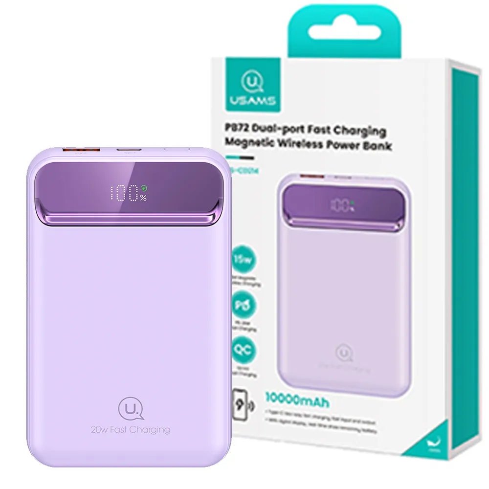 c85dde0c37c6350049e8ae226331bc29ee46663340f4d0121f4fffae15053314.webp پاوربانک مگ سیف یوسمز مدل CD214 15W 10000mAh Usams بنفش
