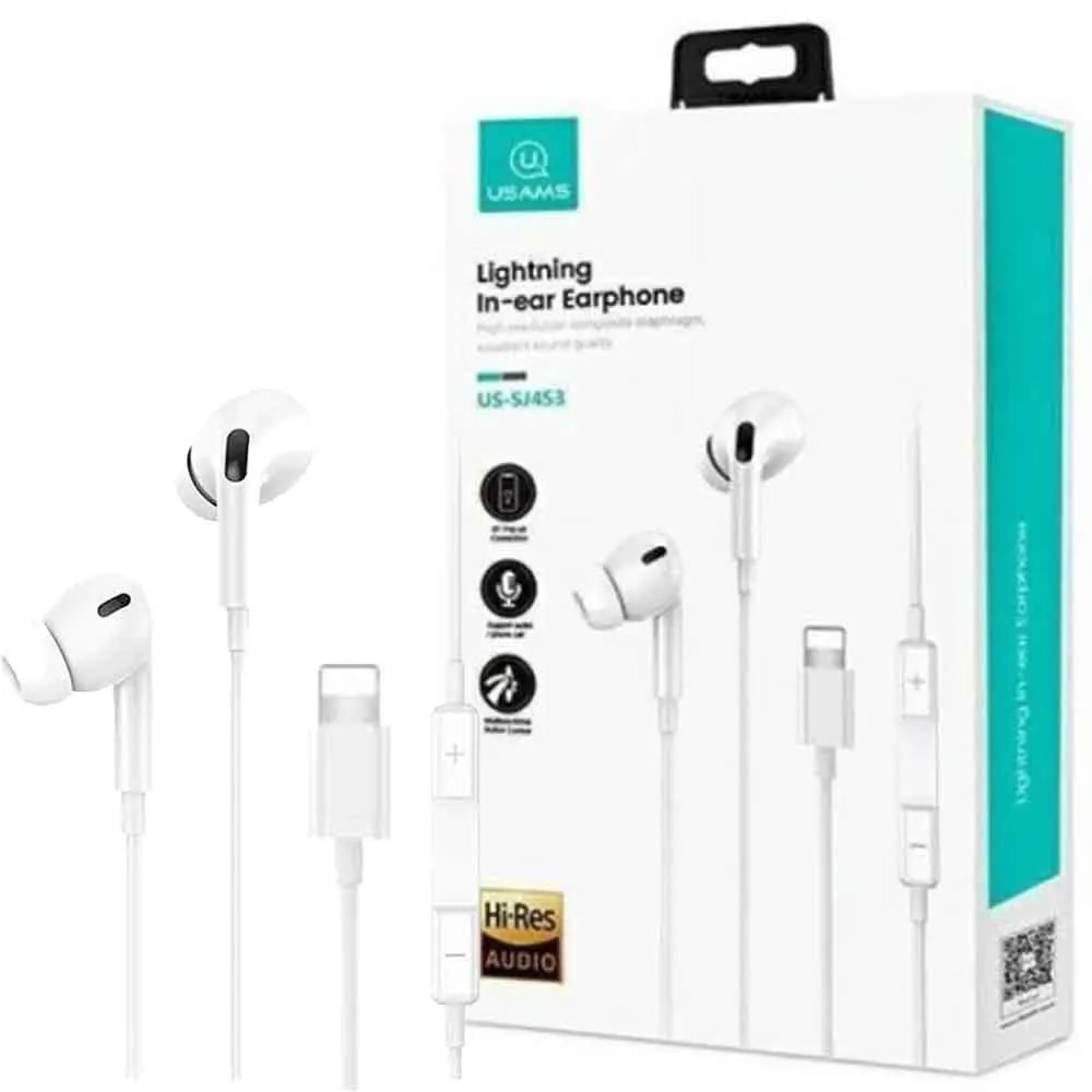 ce6aff41d8aa1098777301ad4e92b91bebd5f2342fe21e55d7061b721ea2e6ba.webp هندزفری لایتنینگ یوسمز مدل Usams US-SJ621 EP-41 Lightningسفید