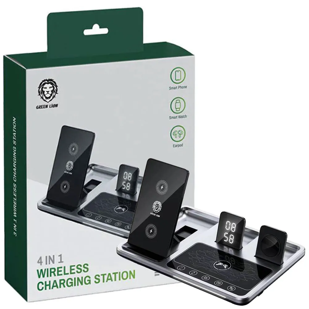 d5e04b0a7189407bc39496f7ff177bdf68e32a08a78ef53fed4f4de7781863dd.webp شارژر بیسیم گرین لاین مدل GreenLion 4in1 15W