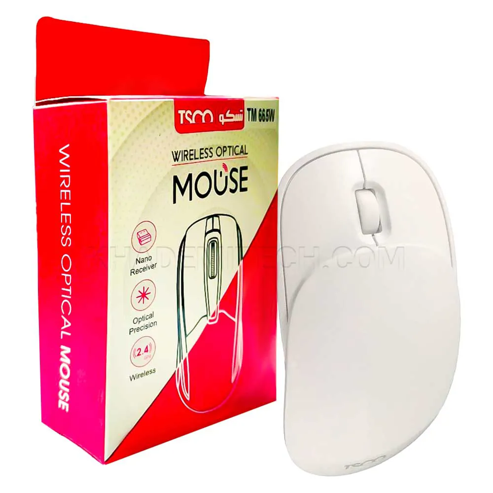 dab73538e9ff0dbce37b86eb75296ba05ead33108e3676fb1e8847a9da8c425b.webp ماوس بی سیم تسکو مدل TSCO TM665W کشویی سفید