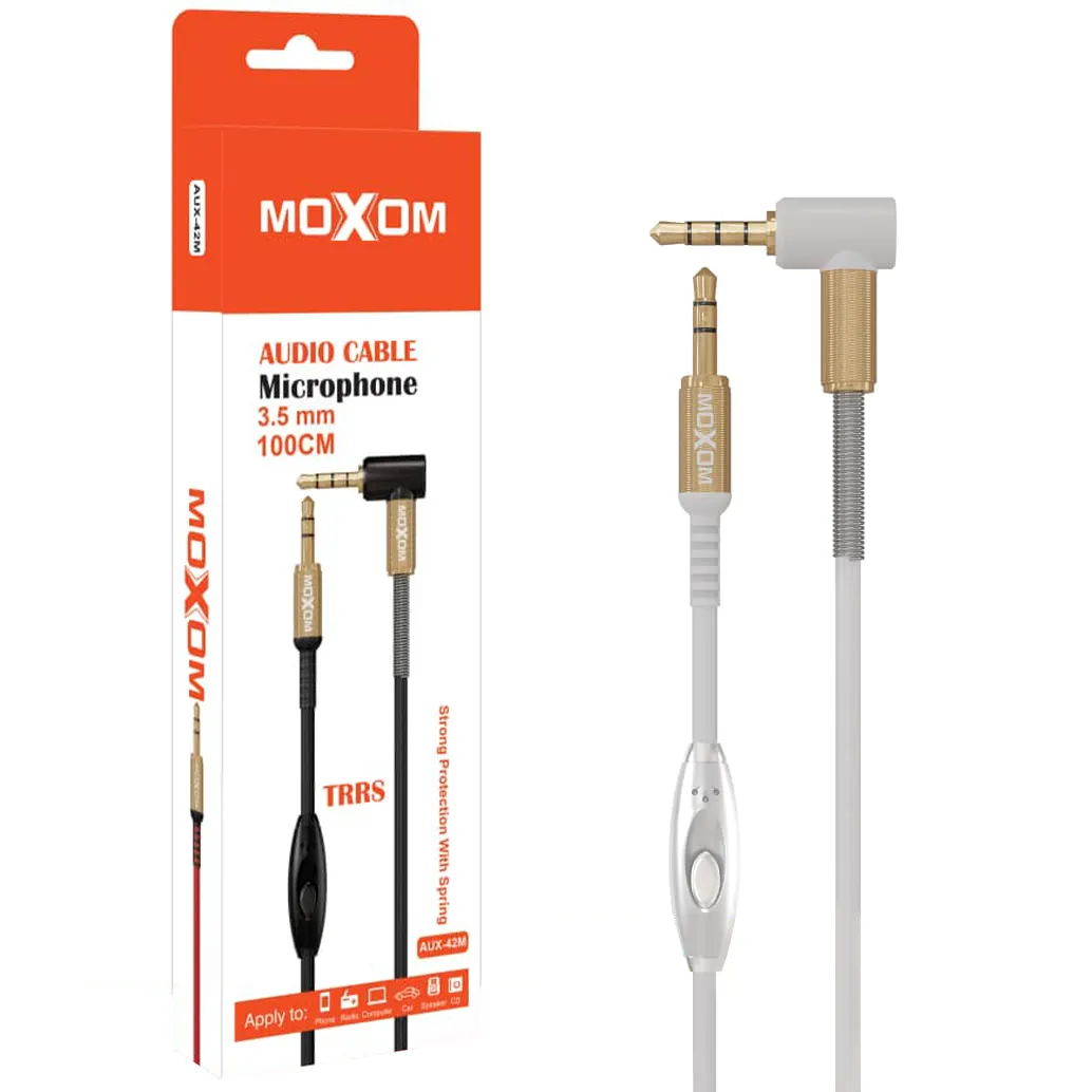 dc49d7cf690b54cfc662b1baa5ed0524267ec255f9c4df080e48177aa2e6b608.webp کابل صدا AUX میکروفن دار موکسوم مدل MOXOM 1M AUX-42M سفید